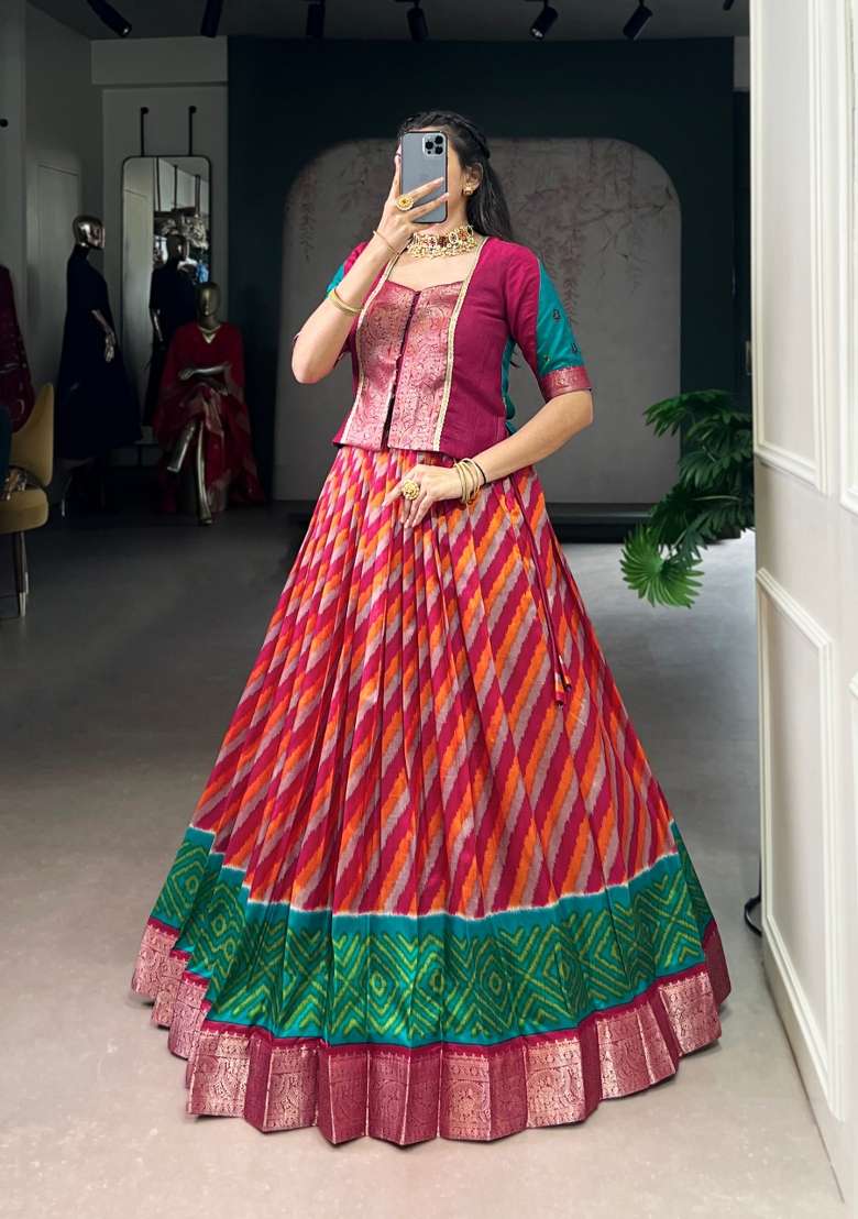Red Zari Work Silk Blend Lehenga Set for Diwali and Festive Wear - Indya