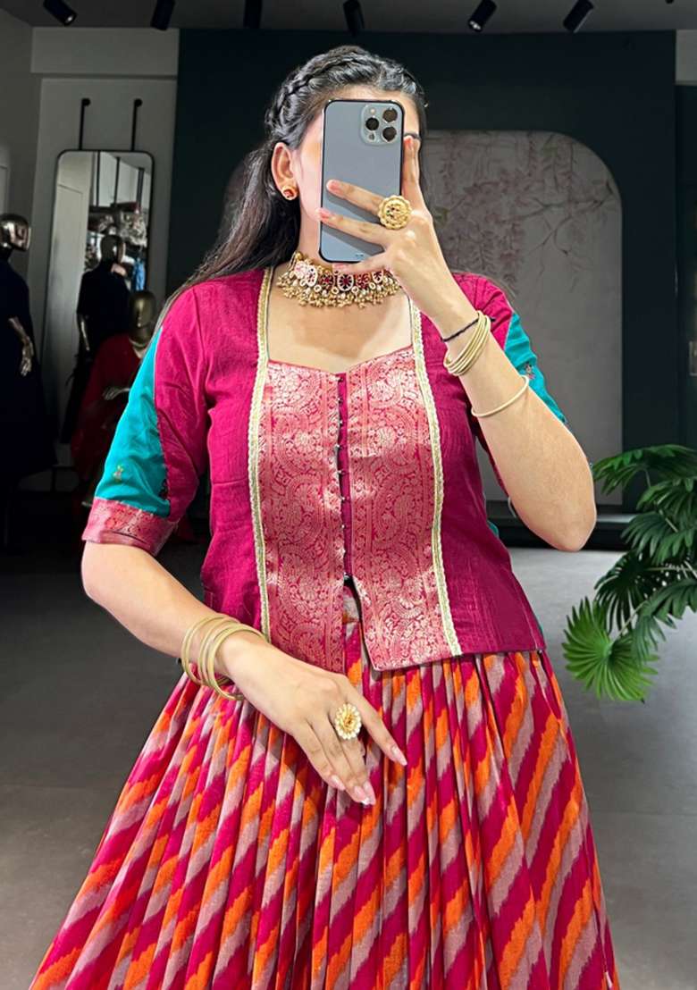 Red Zari Work Silk Blend Lehenga Set for Diwali and Festive Wear - Indya