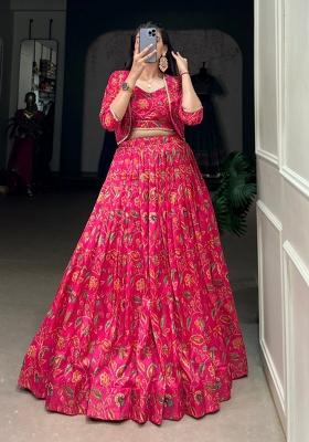 Pink Floral Print Silk Lehenga Set