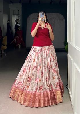 Red Floral Print Dola Chex Lehenga Set