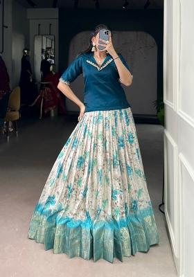 Teal Floral Print Dola Chex Lehenga Set