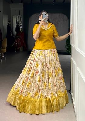 Yellow Floral Print Dola Chex Lehenga Set