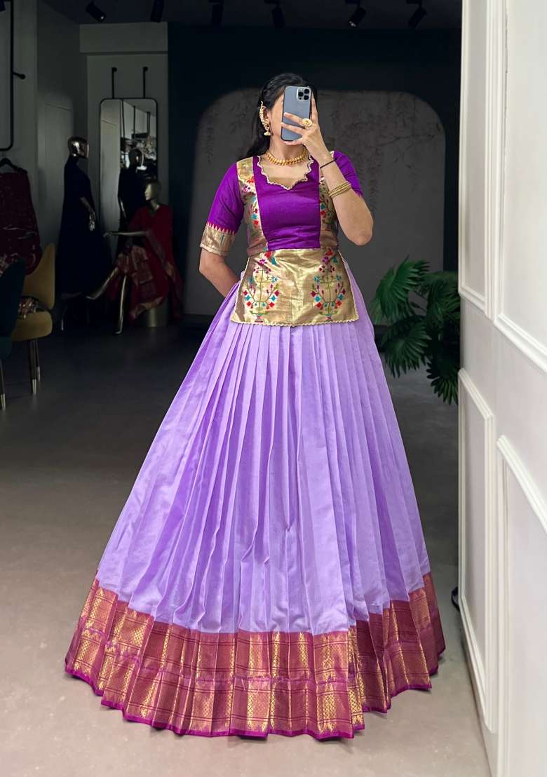 Lavender Zari Work Silk Lehenga Set - Indya