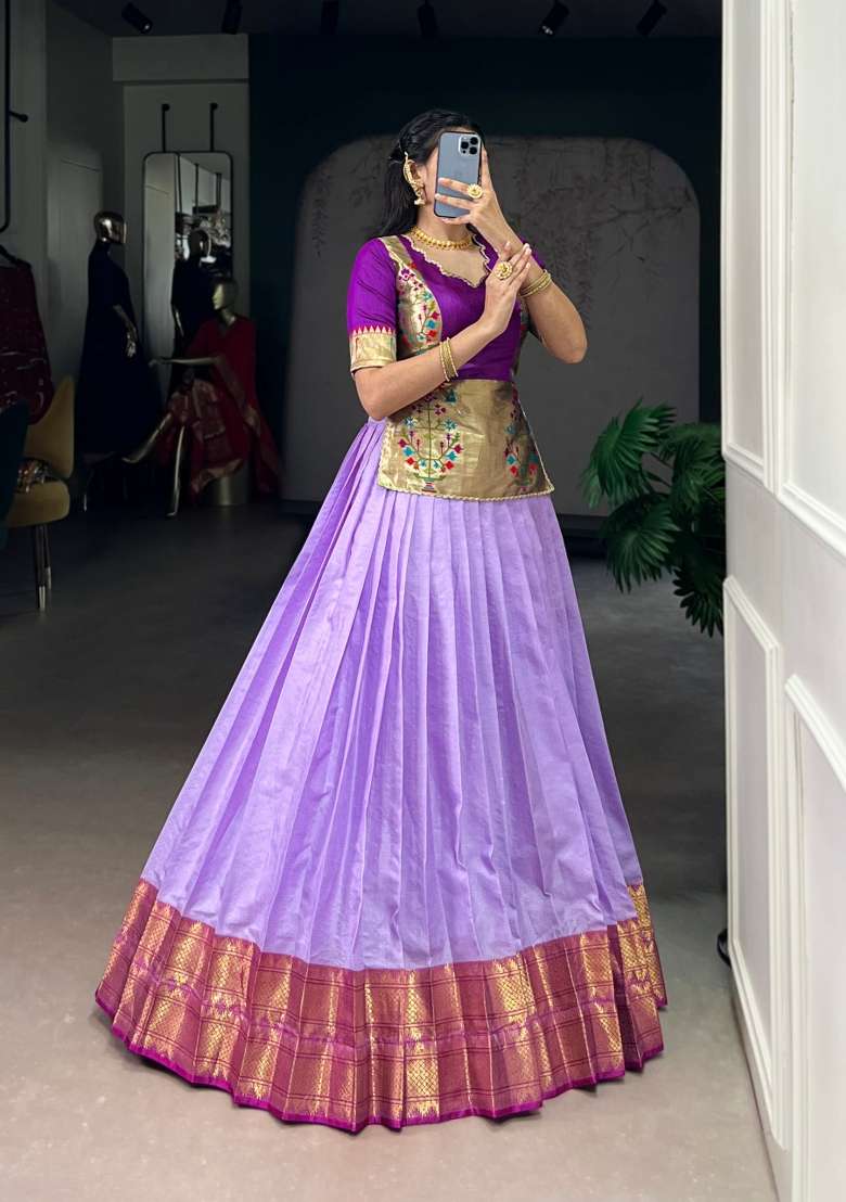 Lavender Zari Work Silk Lehenga Set - Indya