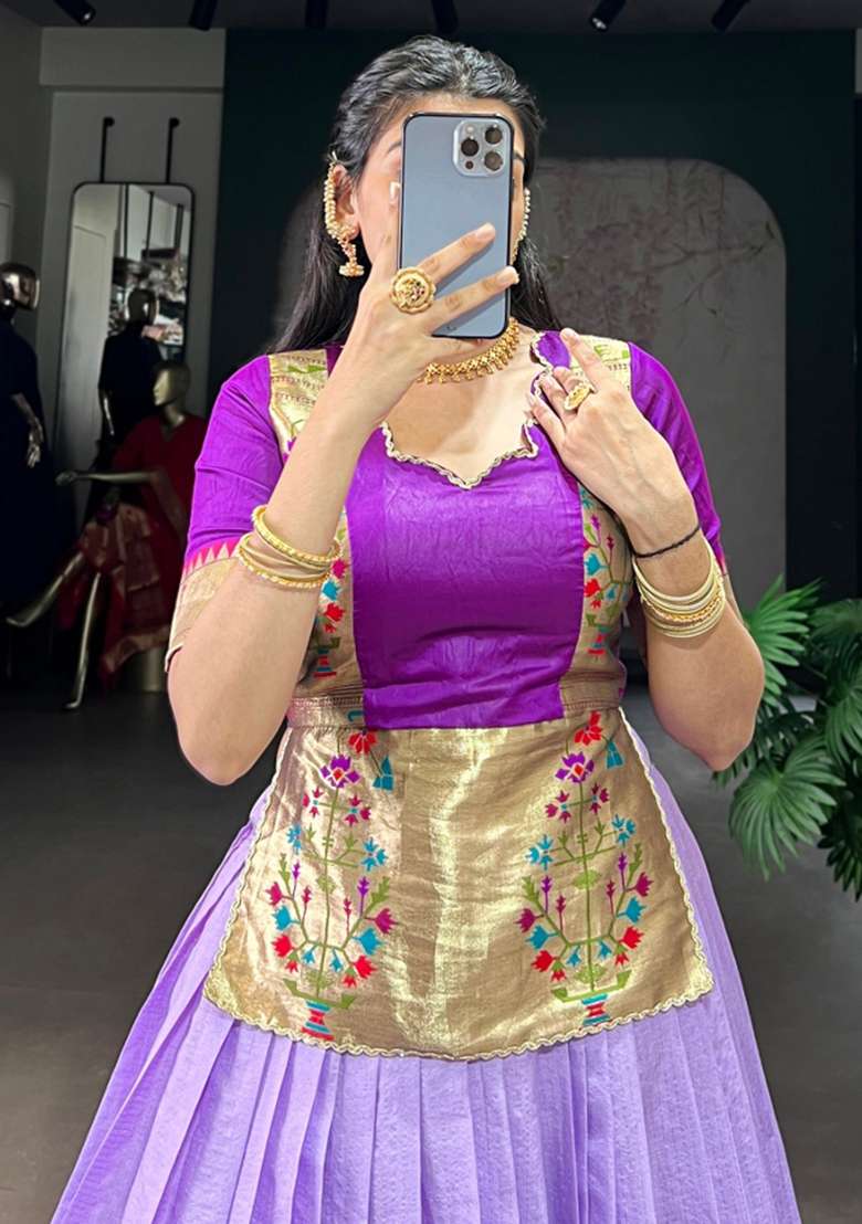 Lavender Zari Work Silk Lehenga Set - Indya
