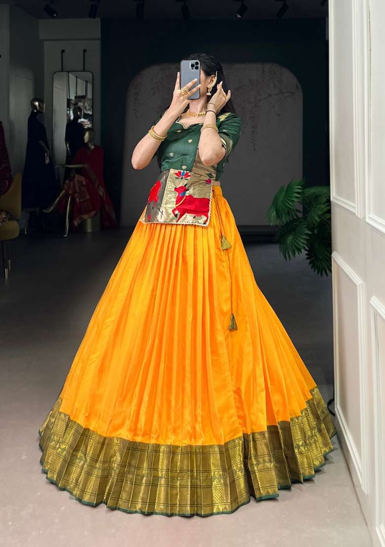 Mustard Zari Work Silk Lehenga Set - Indya