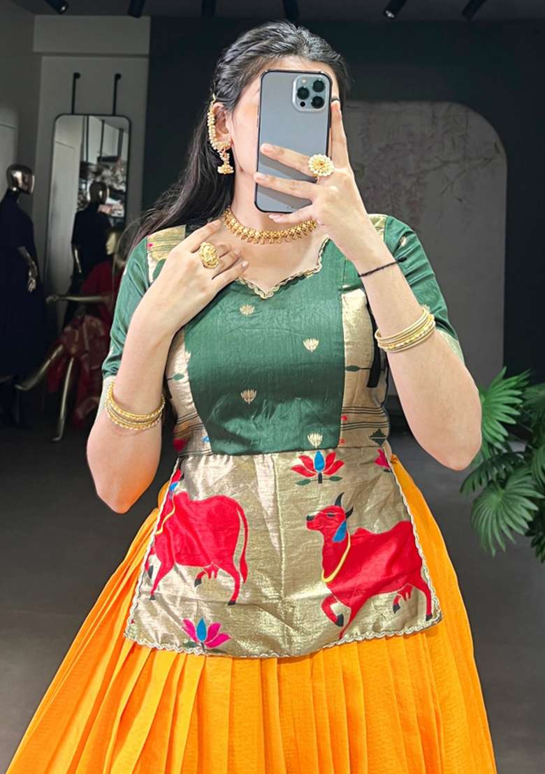 Mustard Zari Work Silk Lehenga Set - Indya