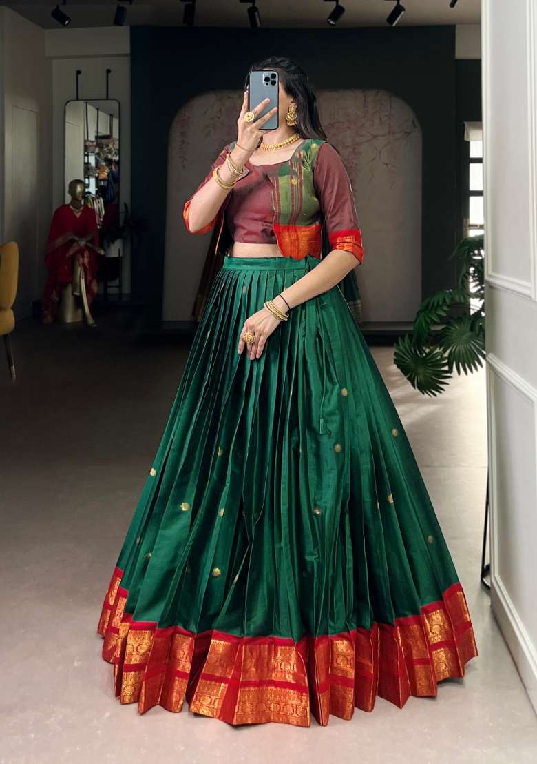 Green Cotton Lehenga Set with Zari Work for Diwali | Wedding & Festive Wear - Indya