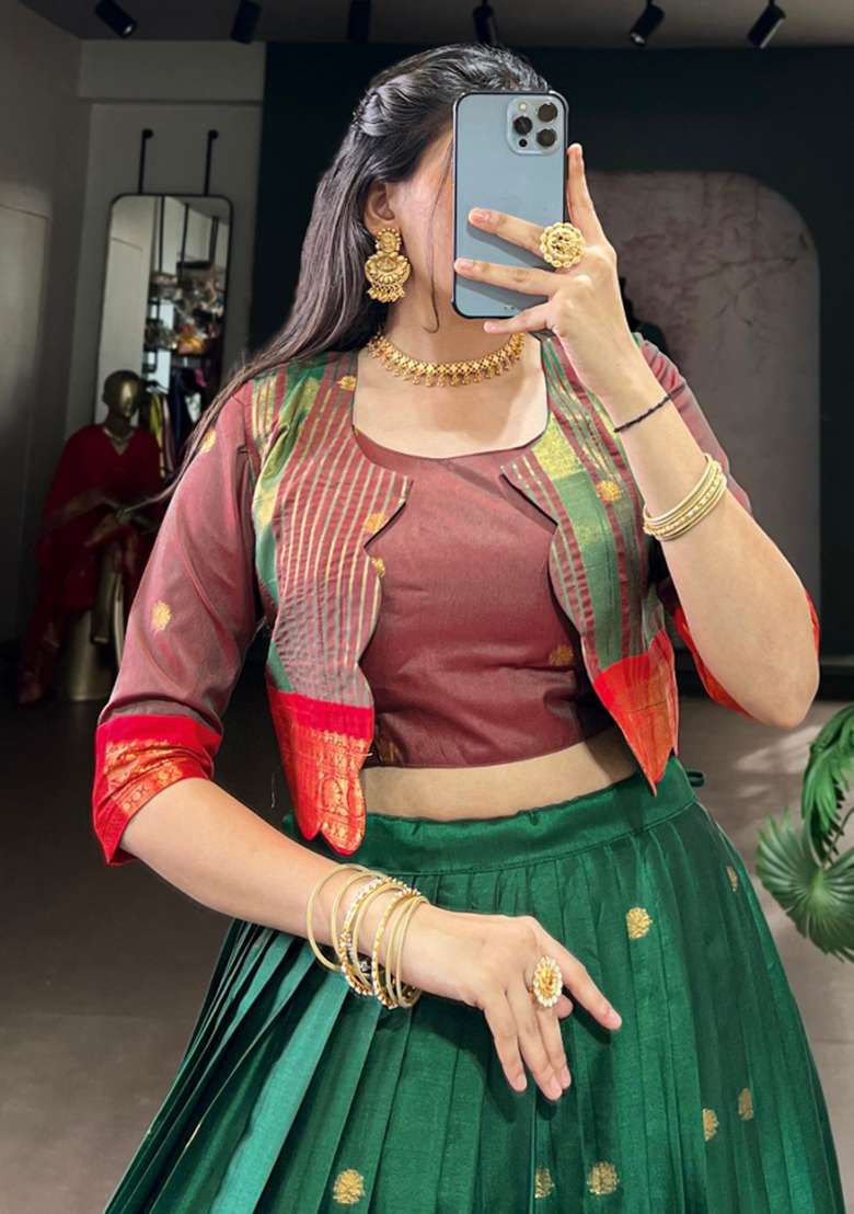 Green Cotton Lehenga Set with Zari Work for Diwali | Wedding & Festive Wear - Indya