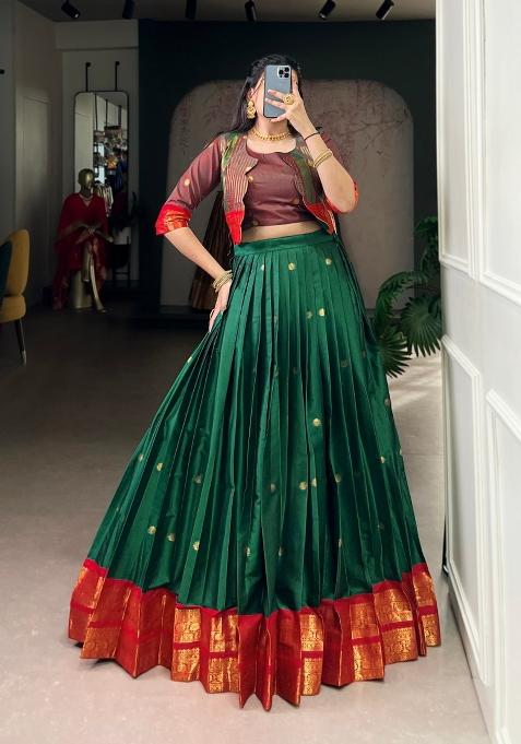 Green Zari Work Cotton Lehenga Set