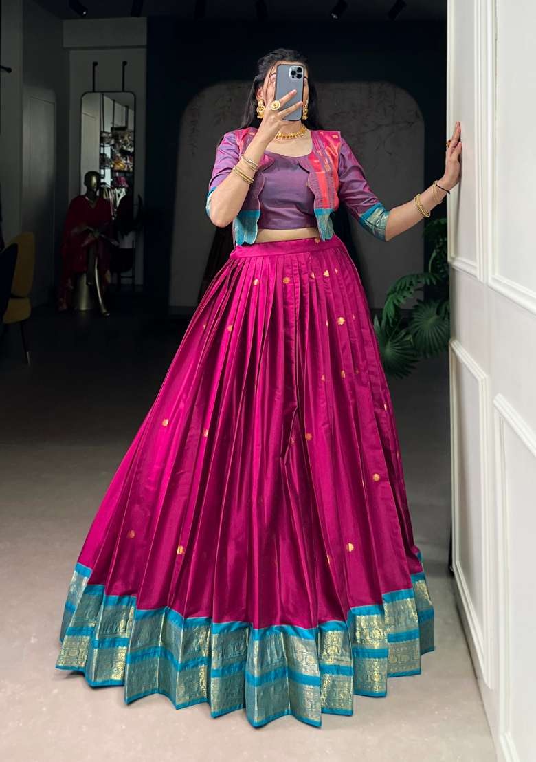 Pink Zari Work Cotton Lehenga Set for Diwali and Festive Wear - Indya
