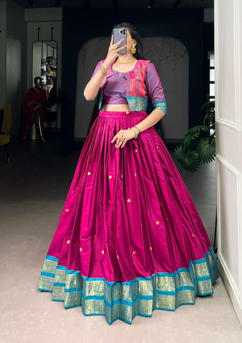 Pink Zari Work Cotton Lehenga Set for Diwali and Festive Wear - Indya