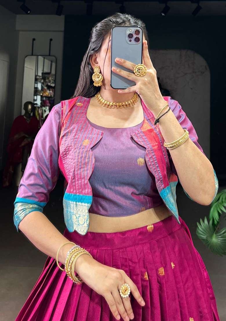 Pink Zari Work Cotton Lehenga Set for Diwali and Festive Wear - Indya