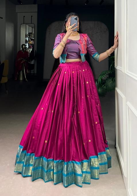 Pink Zari Work Cotton Lehenga Set