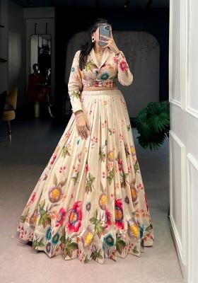 Cream Floral Print Silk Lehenga Set