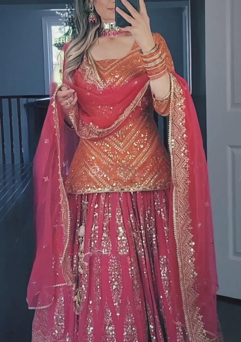 Orange Embroidery Georgette Lehenga Set - Indya