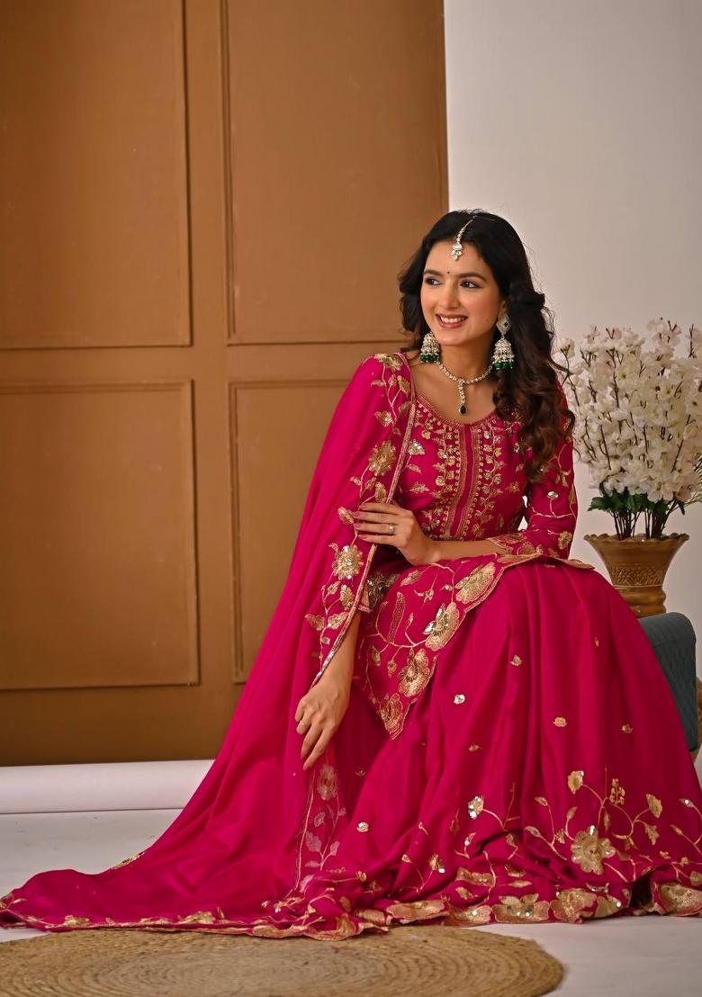 Pink Embroidery Silk Lehenga Set - Indya