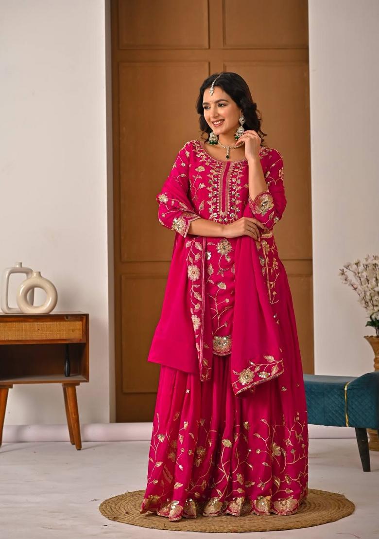 Pink Embroidery Silk Lehenga Set - Indya