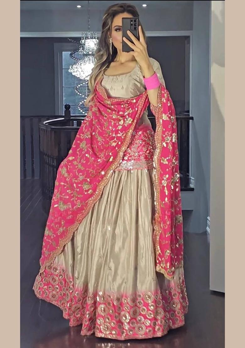 Pink Embroidery Silk Lehenga Set - Indya