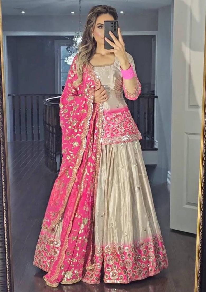 Pink Embroidery Silk Lehenga Set - Indya