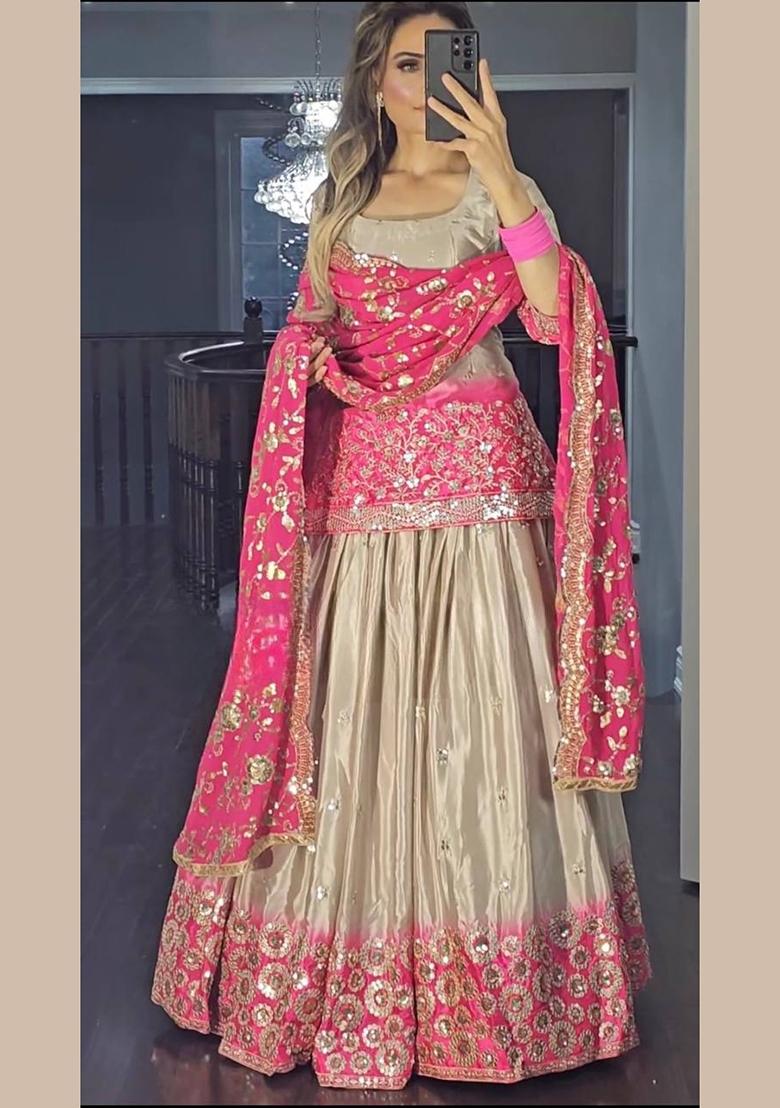 Pink Embroidery Silk Lehenga Set - Indya