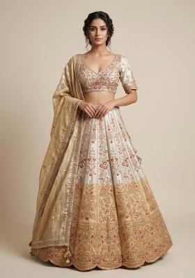 Cream Embroidery Poly Blend Lehenga Set