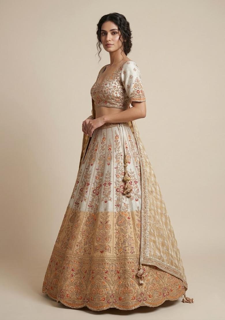Cream Embroidery Poly Blend Lehenga Set - Indya