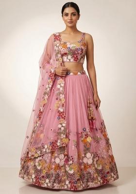 Pink Embroidery Poly Blend Lehenga Set