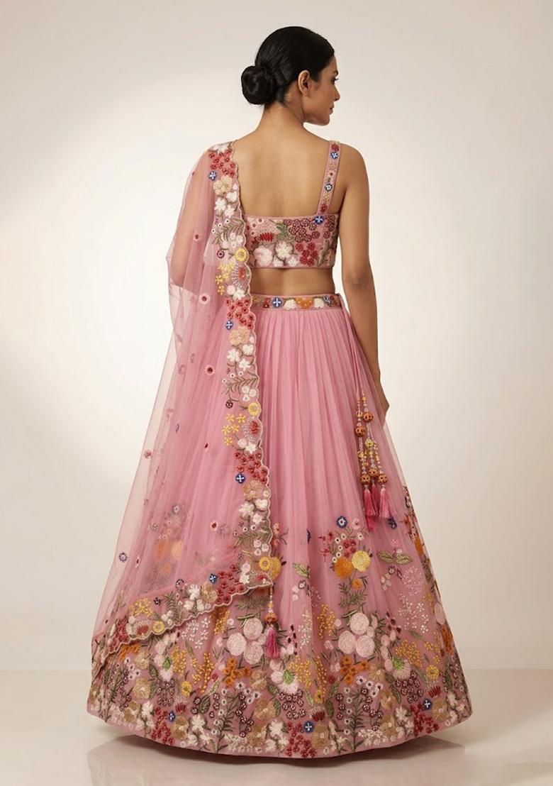 Pink Embroidery Poly Blend Lehenga Set - Indya