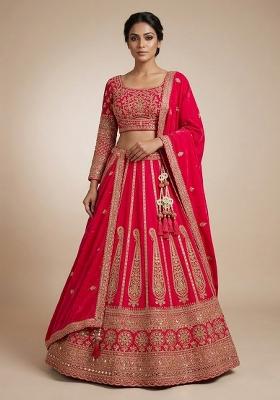 Red Embroidery Poly Blend Lehenga Set