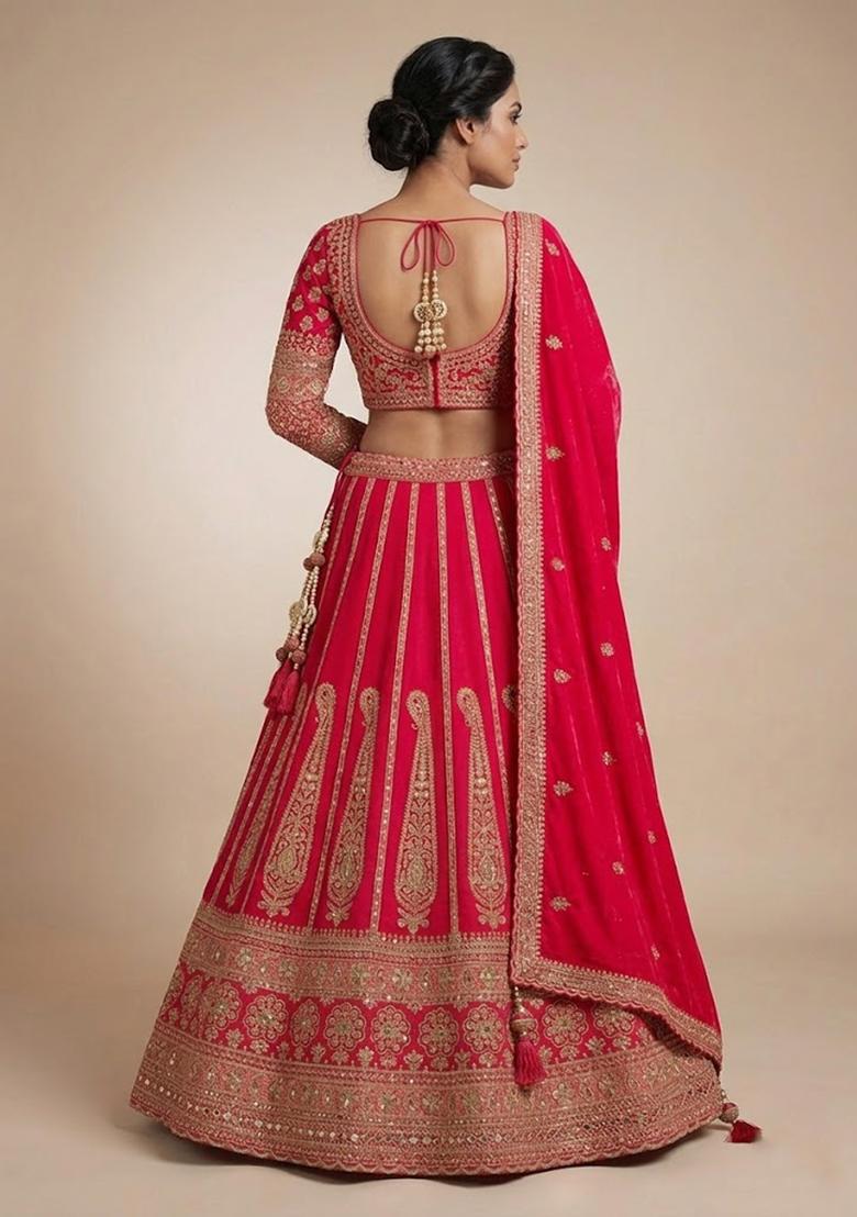 Red Embroidery Poly Blend Lehenga Set - Indya