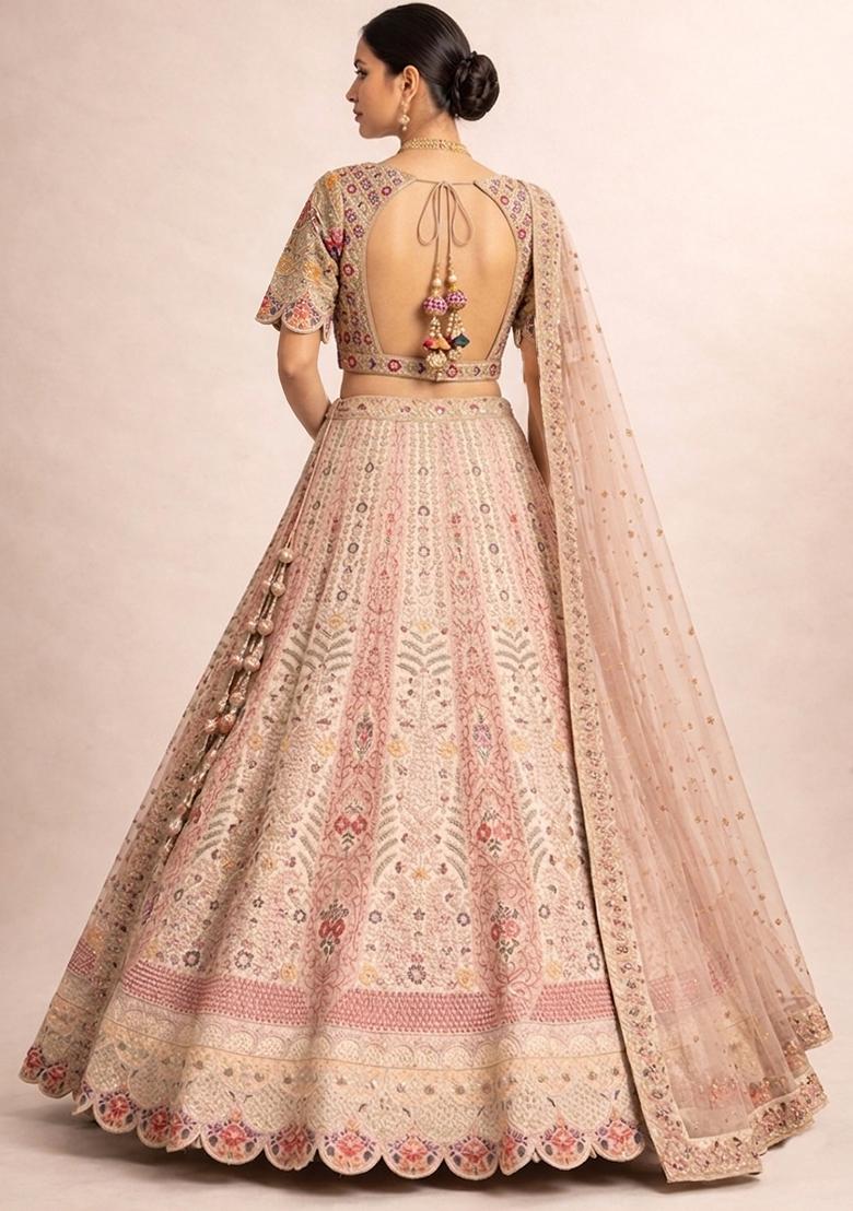 Cream Embroidery Poly Blend Lehenga Set - Indya