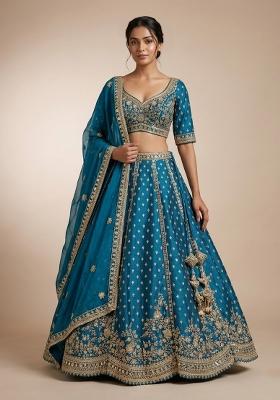 Blue Embroidery Poly Blend Lehenga Set