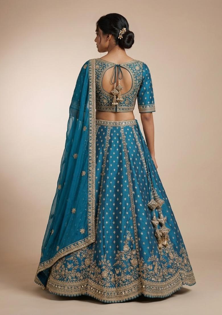 Blue Embroidery Poly Blend Lehenga Set - Indya