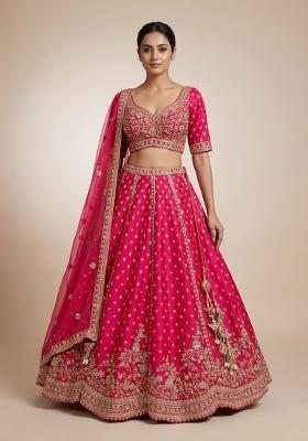 Pink Embroidery Poly Blend Lehenga Set