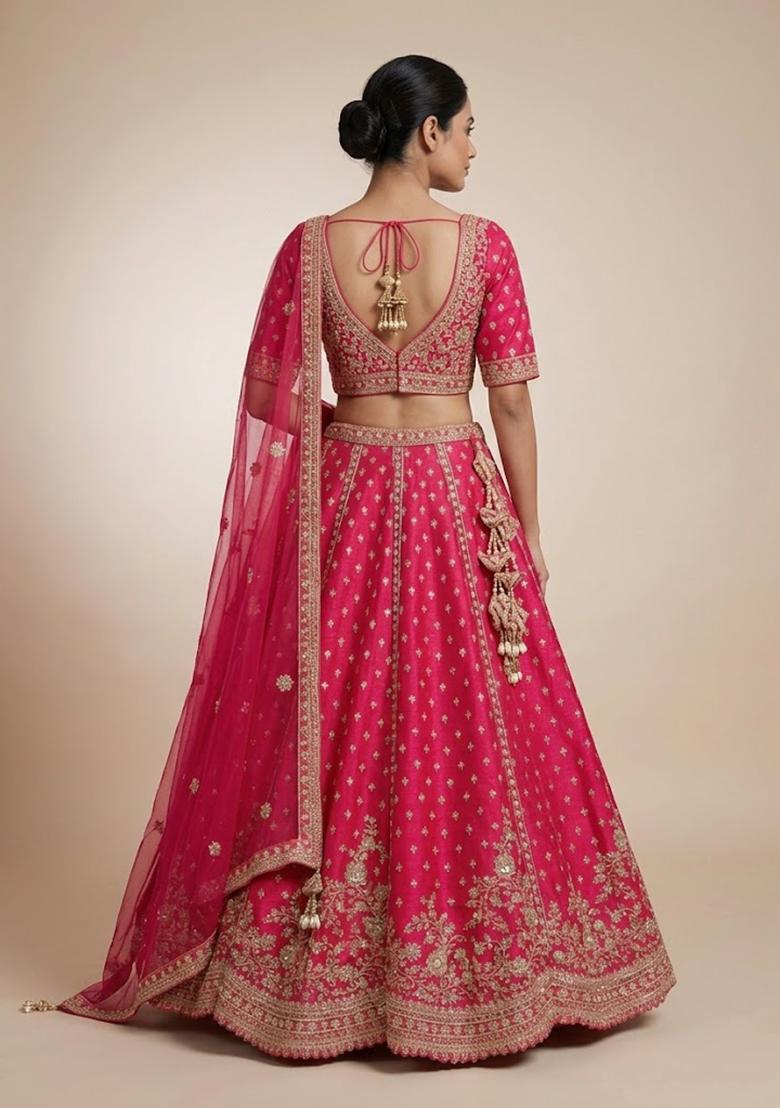 Pink Embroidery Poly Blend Lehenga Set - Indya