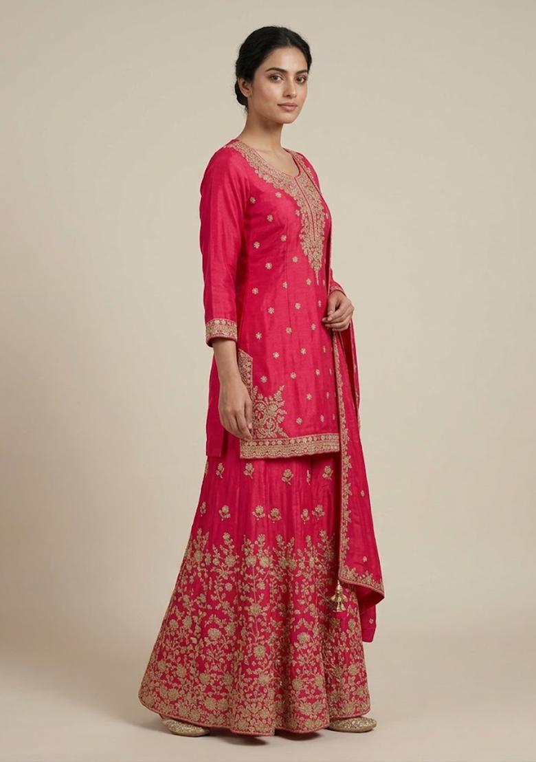Pink Embroidery Poly Blend Sharara Set - Indya