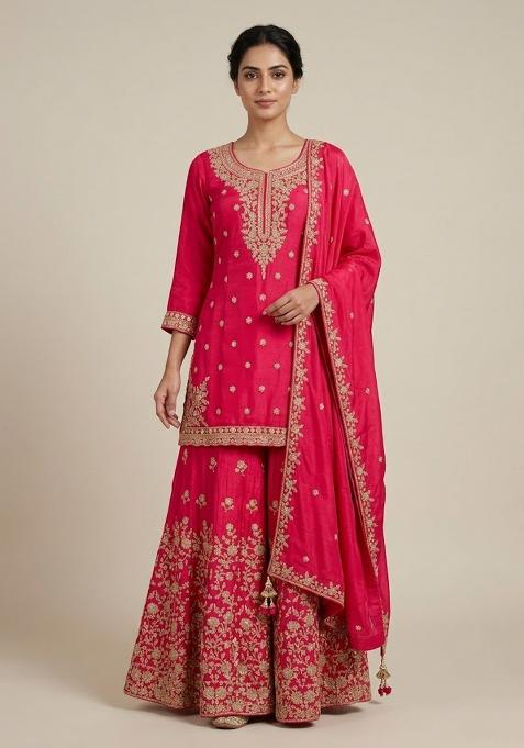 Pink Embroidery Poly Blend Sharara Set