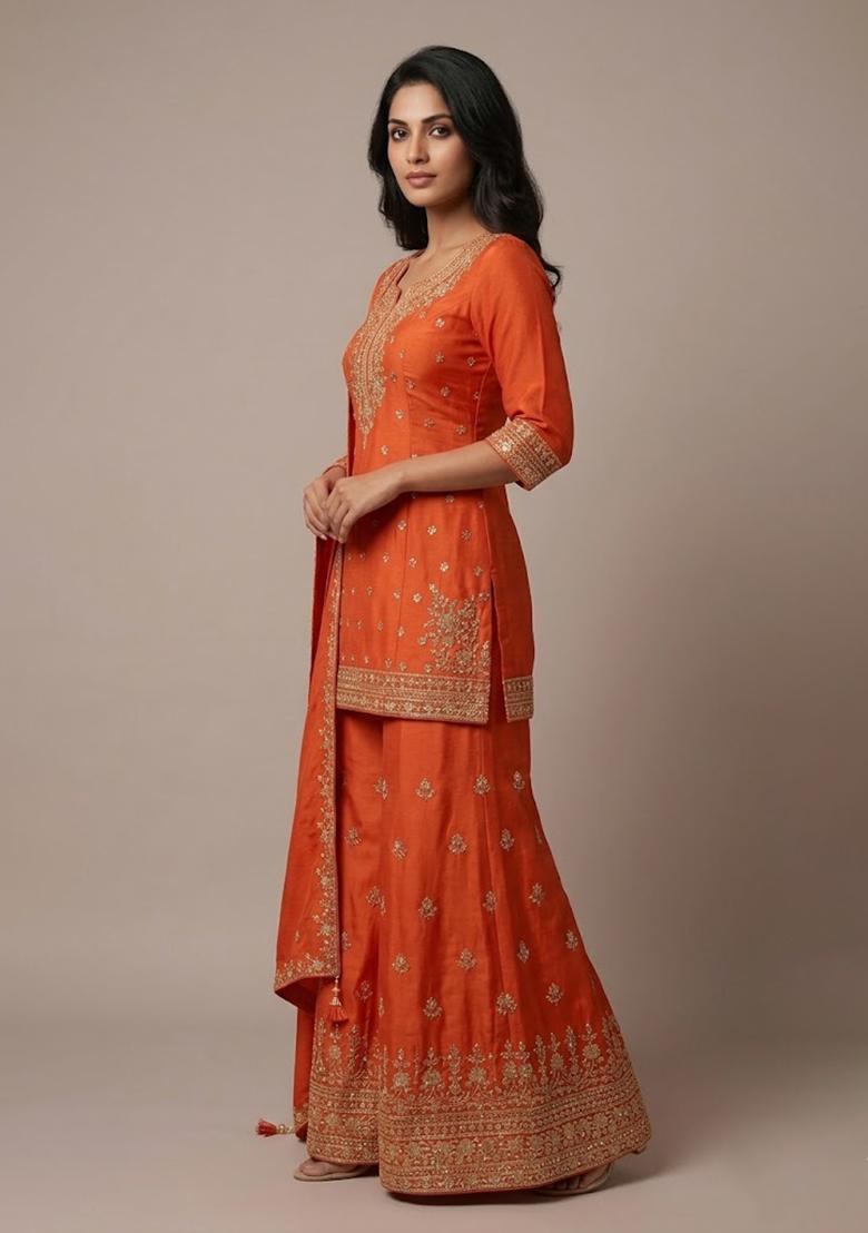 Orange Embroidery Poly Blend Sharara Set - Indya