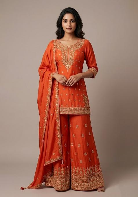 Orange Embroidery Poly Blend Sharara Set