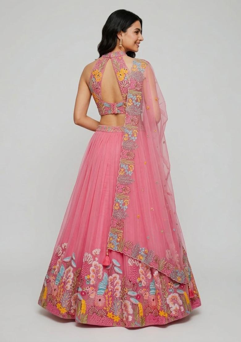 Pink Embroidery Poly Blend Lehenga Set - Indya