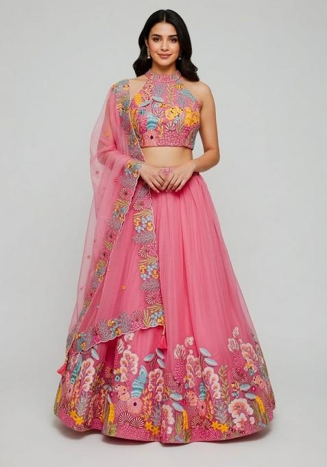 Pink Embroidery Poly Blend Lehenga Set