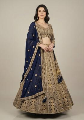 Blue Embroidery Poly Blend Lehenga Set