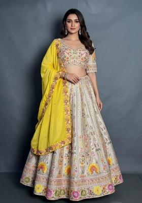 Beige Embroidery Poly Blend Lehenga Set