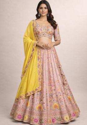 Pink Embroidery Poly Blend Lehenga Set