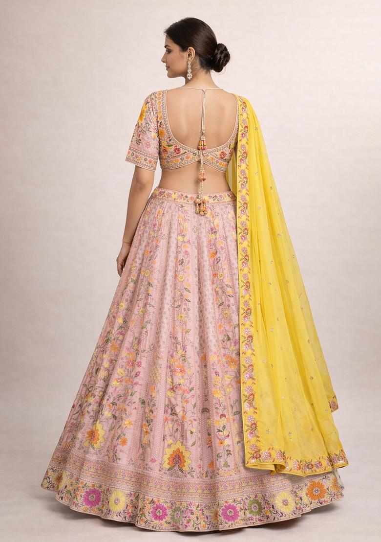 Pink Embroidery Poly Blend Lehenga Set - Indya