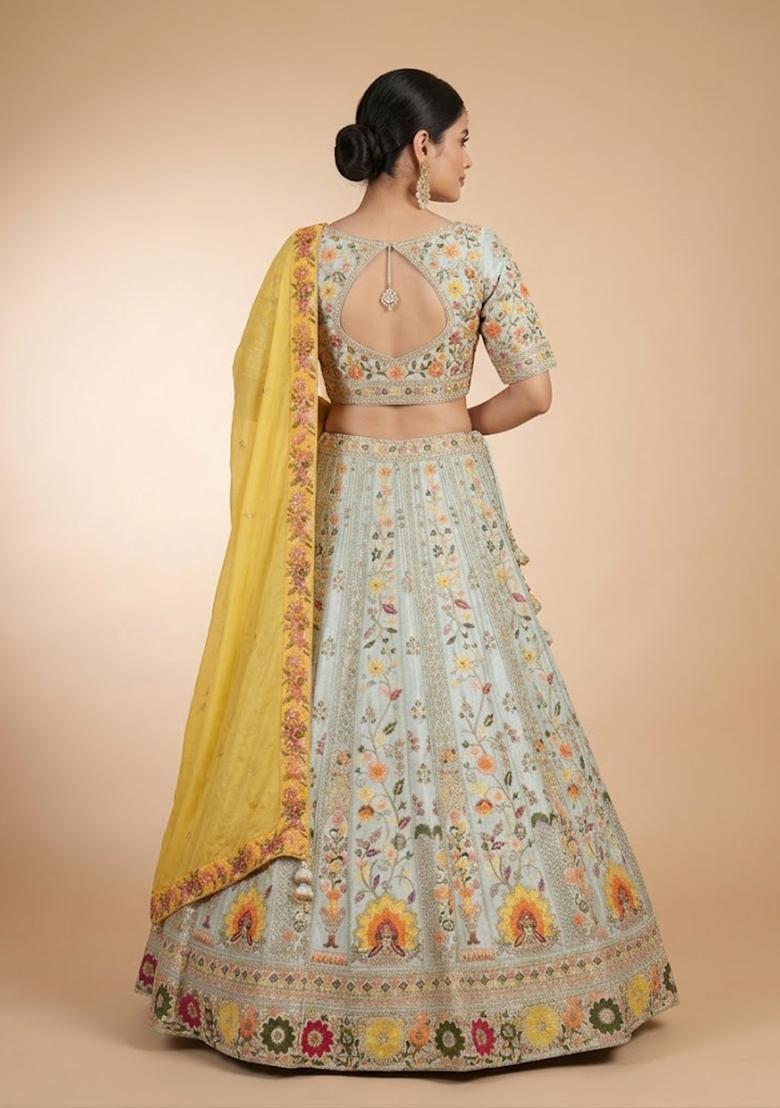 Green Embroidery Poly Blend Lehenga Set - Indya