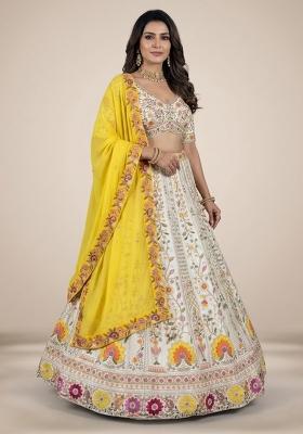 Cream Embroidery Poly Blend Lehenga Set