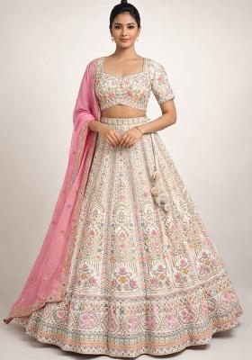 Cream Embroidery Poly Blend Lehenga Set