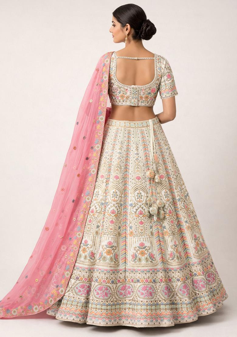 Cream Embroidery Poly Blend Lehenga Set - Indya